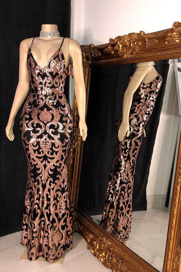 TRENDY SEQUINS APPLIQUES V-NECK SPAGHETTI LONG MERMAID PROM GOWNS HZ1023